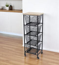 41 Black And Natural Metal And Wood Basket Storage Rolling Cabinet