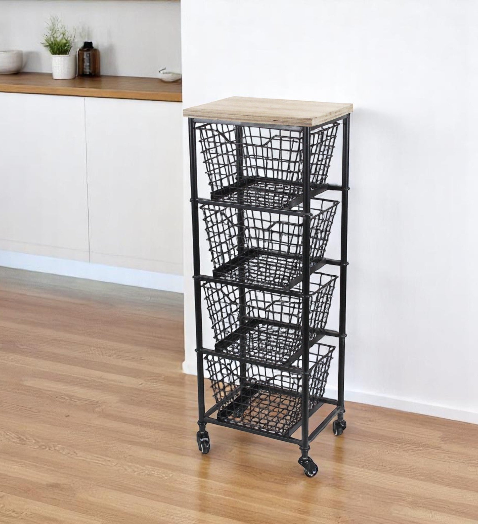41 Black And Natural Metal And Wood Basket Storage Rolling Cabinet