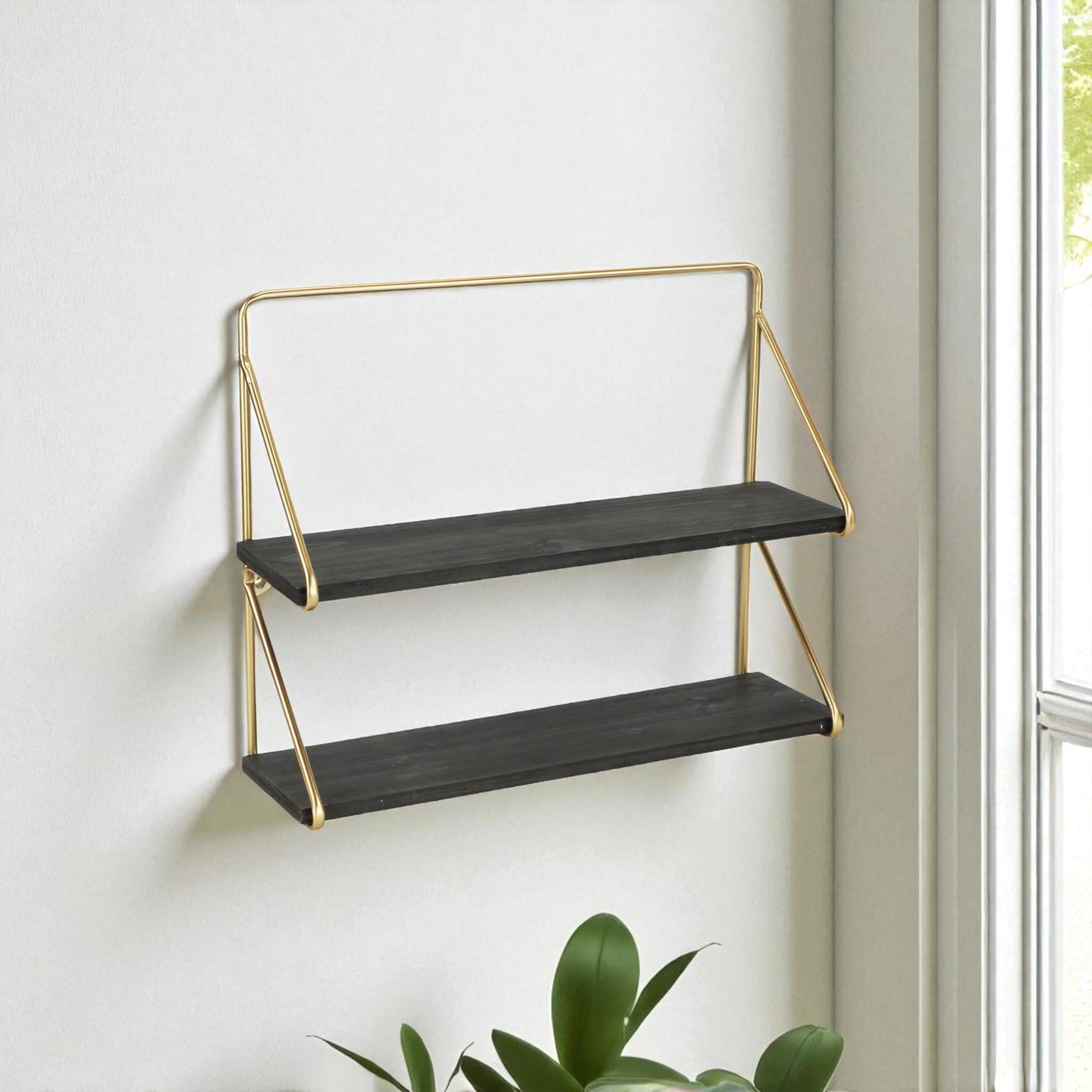 21 Dark Gray And Gold Metal And Wood Wall Mounted Tiered Shelf