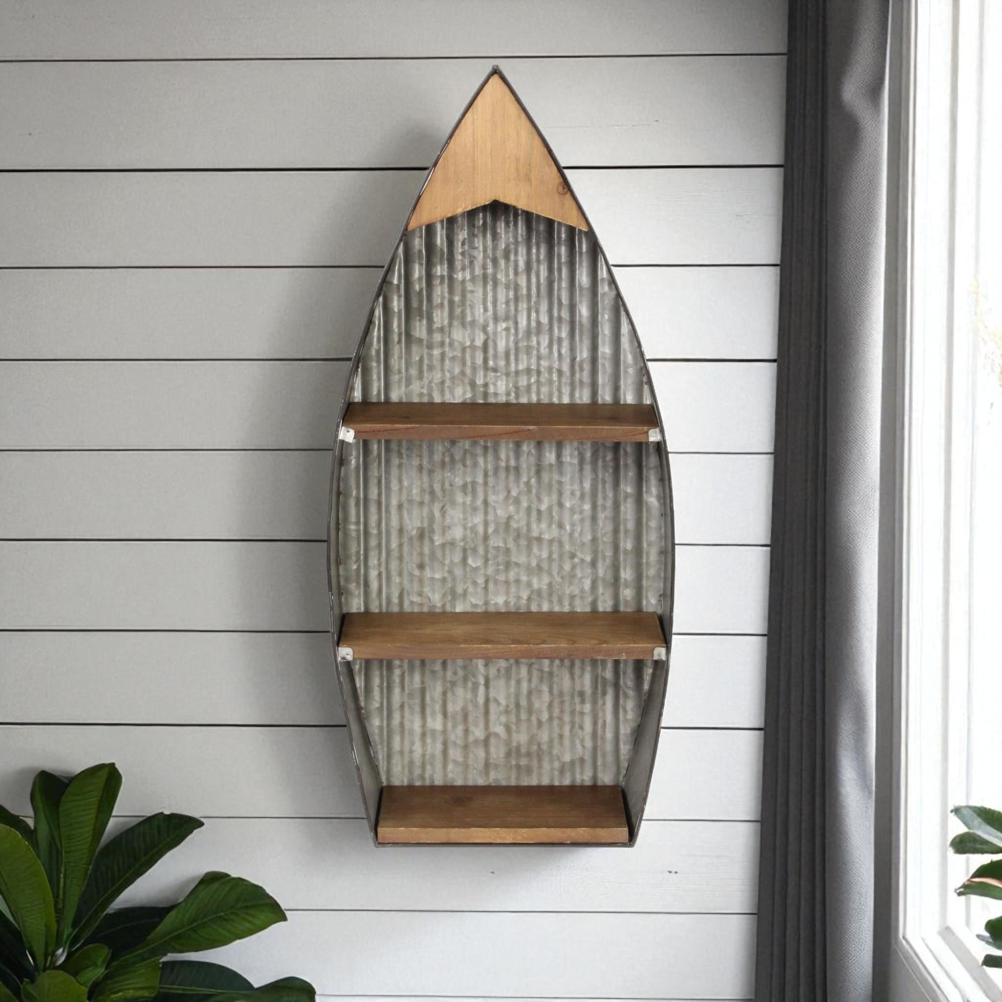 23 Brown And Gray Galvanized Metal And Wood Wall Mounted Boat Shelf
