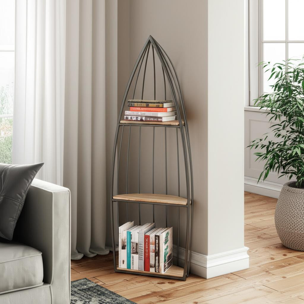 37 Gray And Natural Metal and Wood Boat Shaped Bookcase