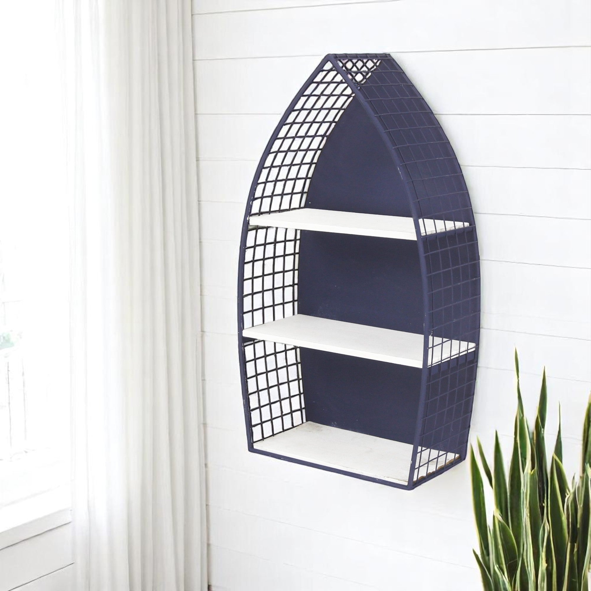 24 Navy Blue And White Metal and Wood Boat Shaped Bookcase