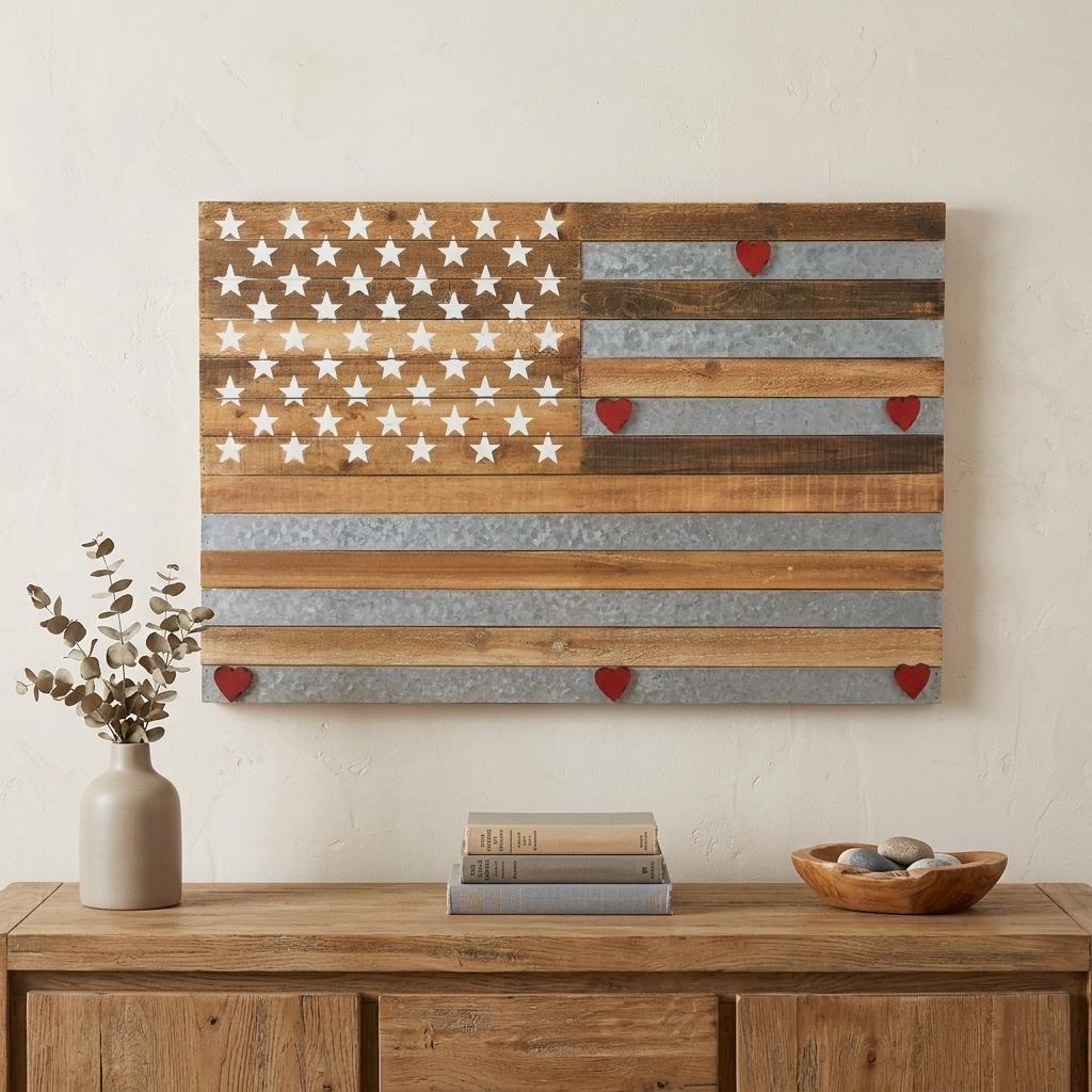 24 X 36 Brown and Gray Stars And Stripes Wood and Metal Hanging Dimensional Sculpture