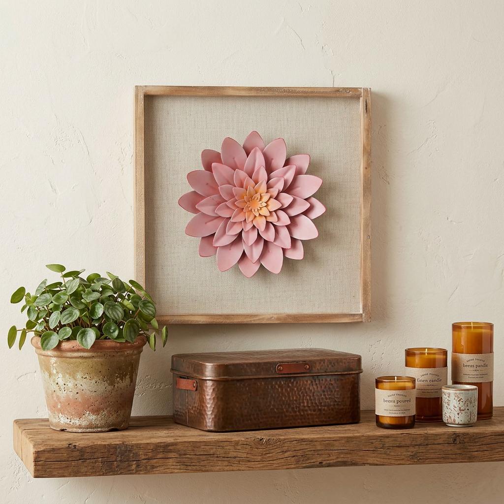 12 X 13 Pink and Off White Flower Wood and Metal Wall Decor