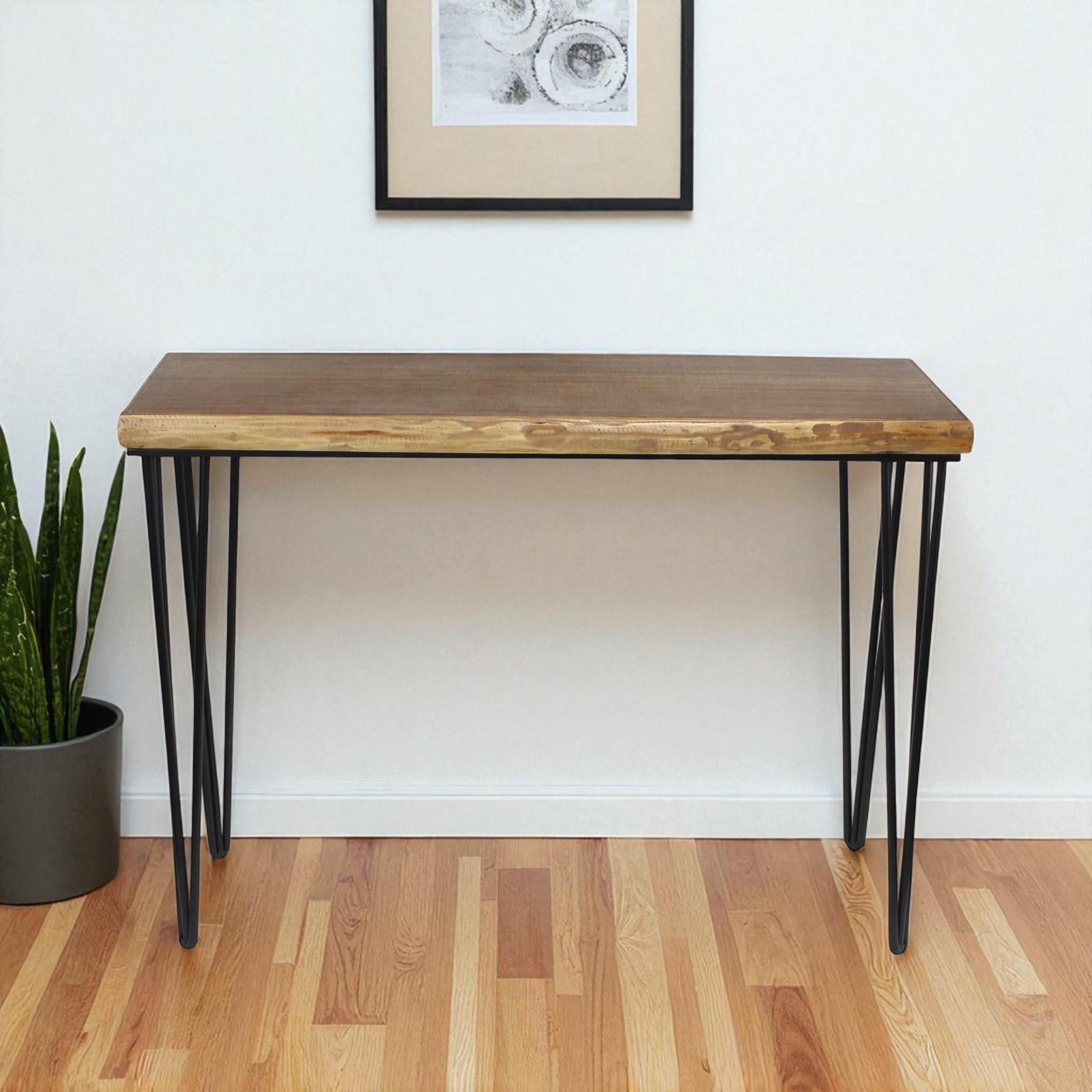42 Brown and Black Wood and Metal Distressed Console Table