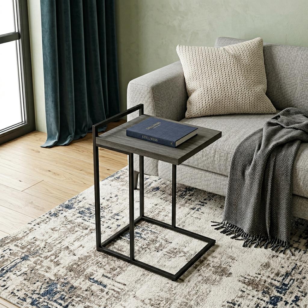 27 Inch Dark Gray and Black Wood and Iron End Table