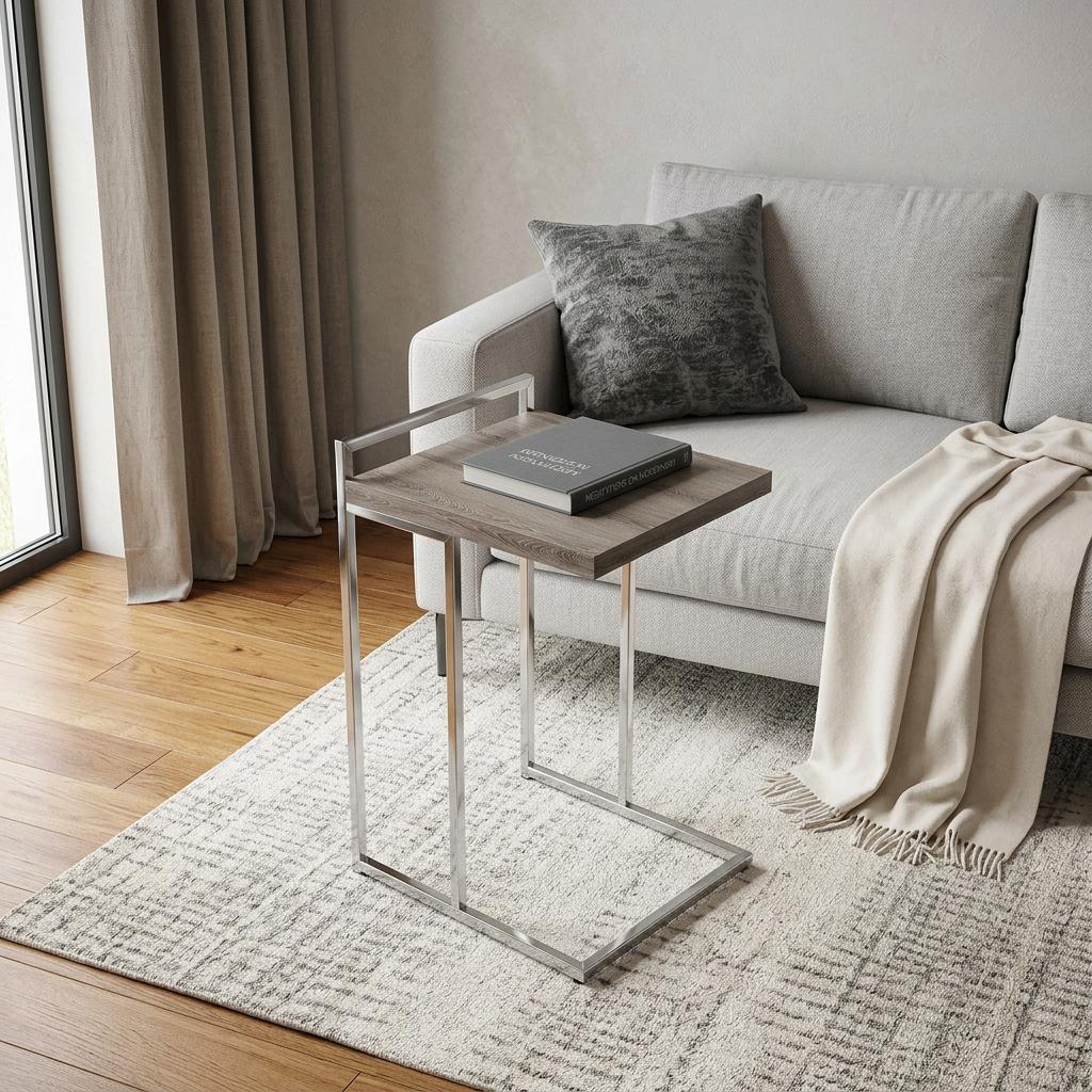27 Inch Taupe and Silver Wood and Iron End Table