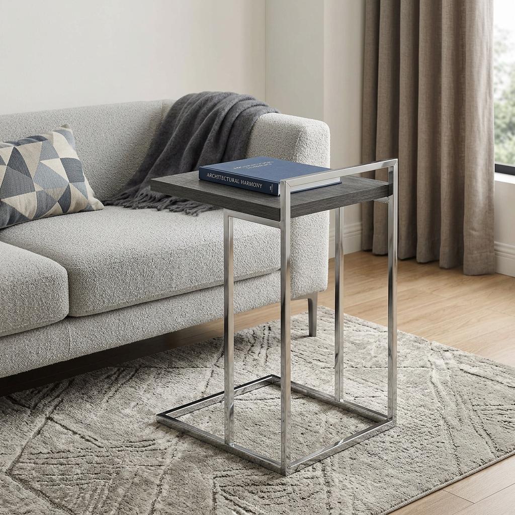 27 Inch Dark Gray and Silver Wood and Iron End Table