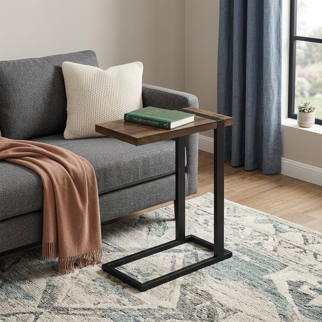 25 Inch Brown and Black Distressed Wood and Iron End Table