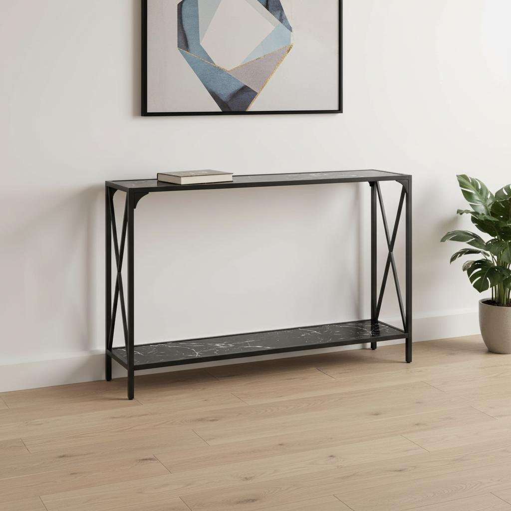 48 Black Wood and Metal Faux Marble Console Table With Shelf