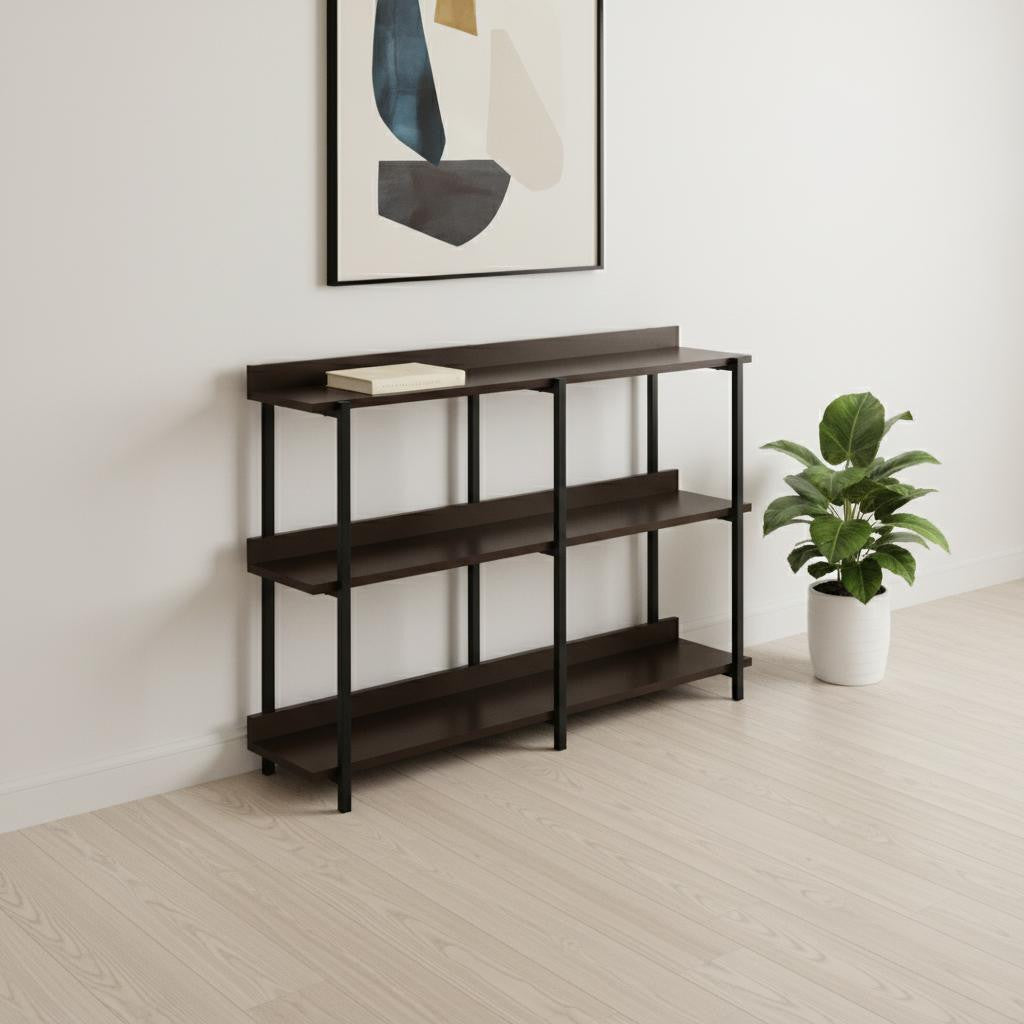 47 Brown and Black Wood and Metal Frame Console Table With Three Shelves