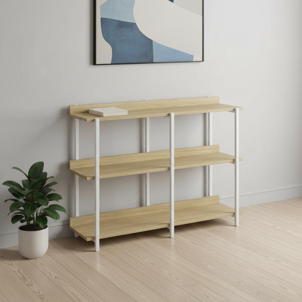 47 Natural and White Wood and Metal Frame Console Table With Three Shelves