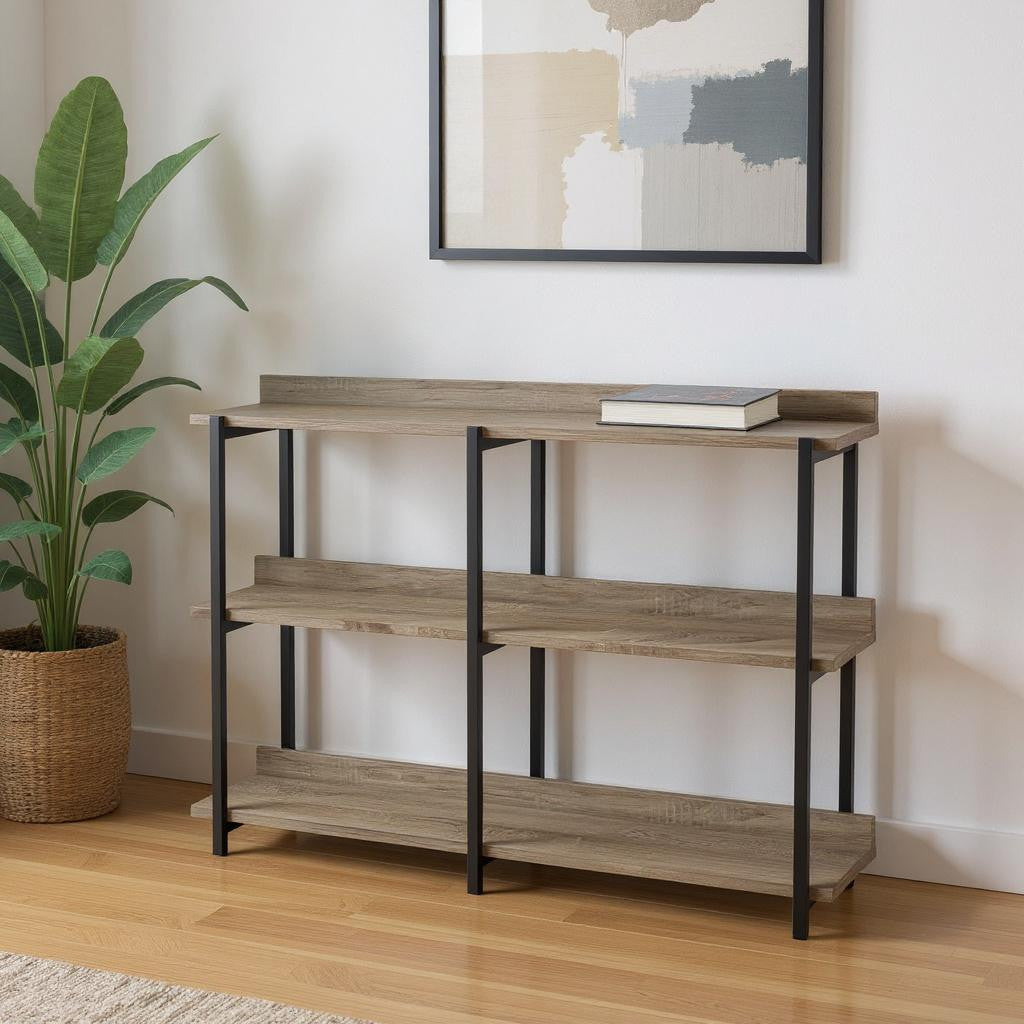47 Taupe and Black Wood and Metal Frame Console Table With Three Shelves