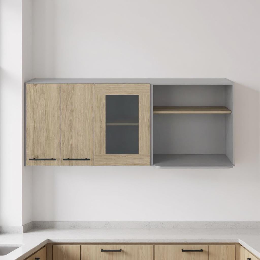 24 Gray and Natural Wood Wall Mounted Kitchen Cabinet With Three Doors