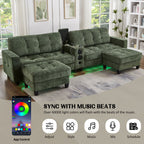 Modern Sectional Sofa U-Shaped With Movable Ottomans, tooth Speakers, LED Lights And Modular Storage