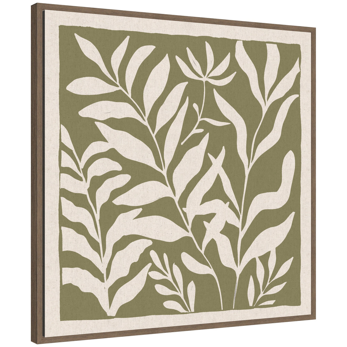 Sylvie Modern Minimalist Botanical Green and Neutral Linen Framed Canvas by The Creative Bunch Studio