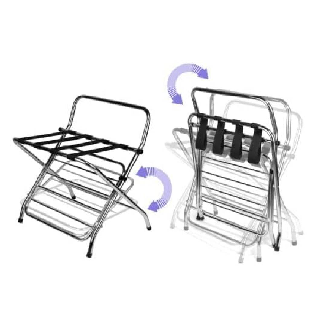 2-Shelf Foldable Luggage Rack with Nylon Straps, High-Back Support, Chrome Finish