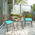 3-Piece Rattan Bistro Set with Cushions and Glass Table