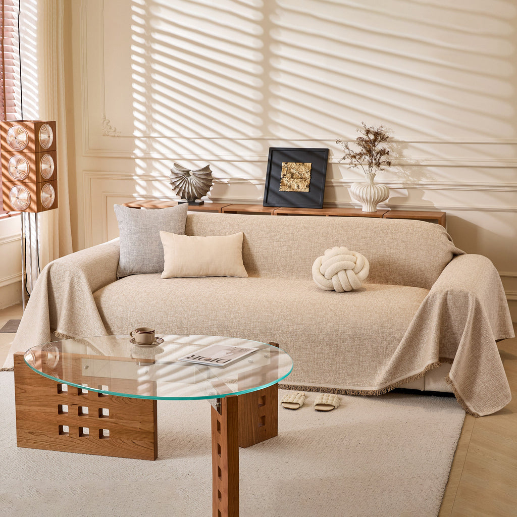 Linen-Look Textured Couch Throw Cover, Breathable Sofa Blanket & Furniture Protector