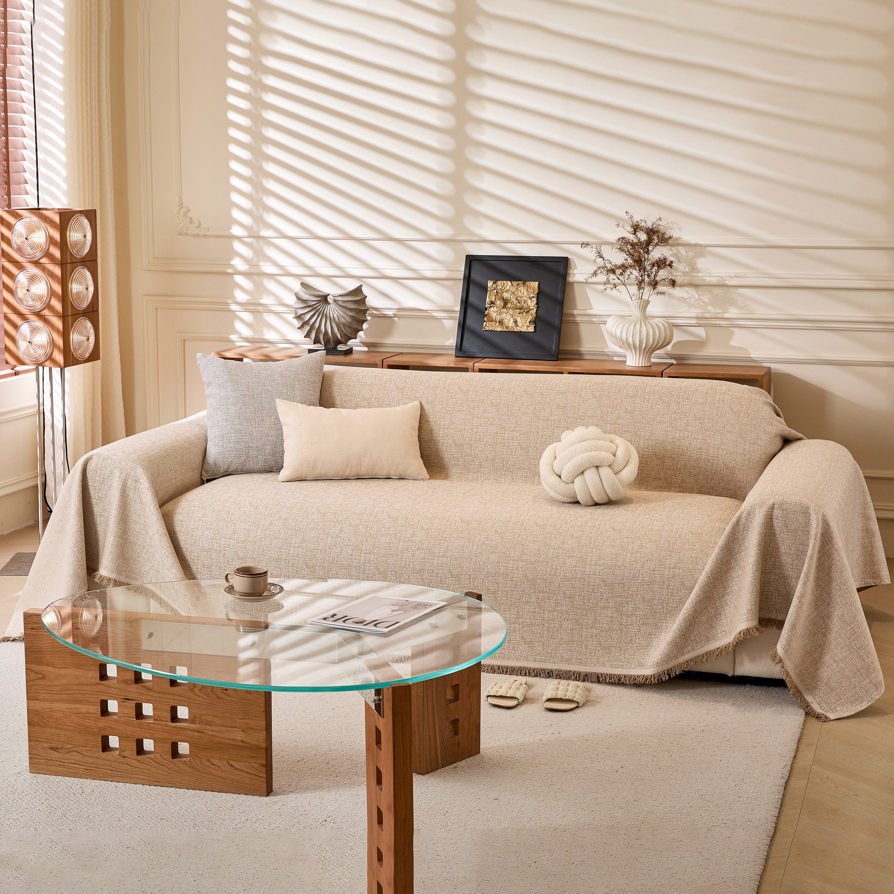 Linen-Look Textured Couch Throw Cover, Breathable Sofa Blanket & Furniture Protector