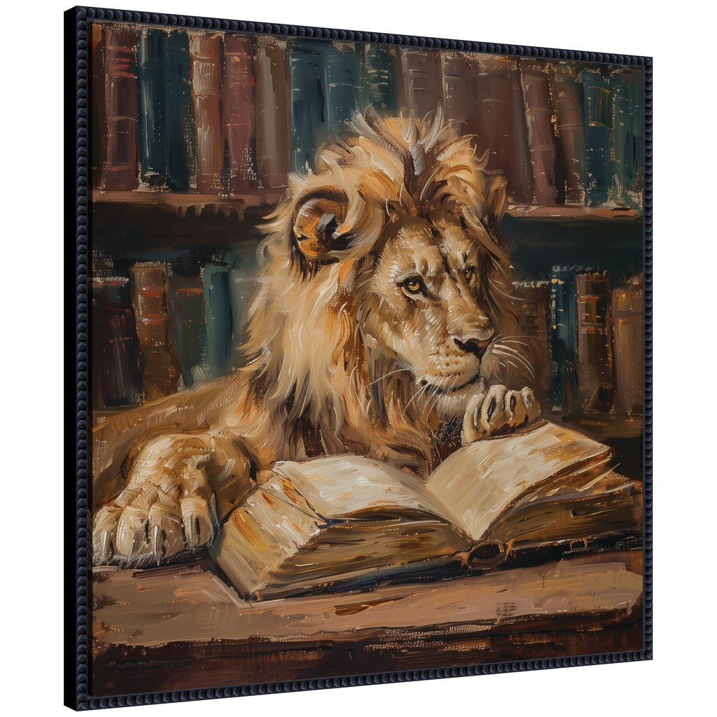Sylvie Traditional Lion Reading in Library Framed Canvas by The Creative Bunch Studio