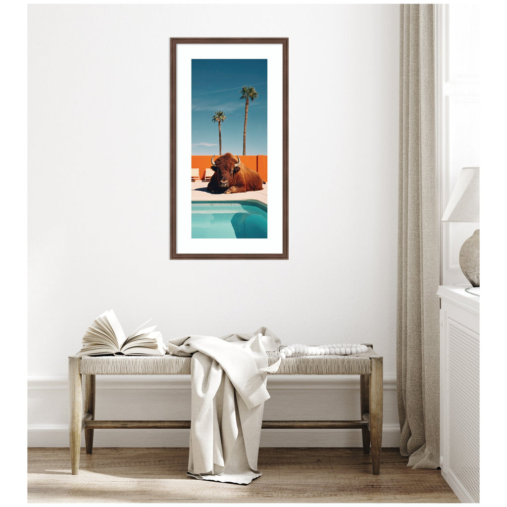 Framed Art Bison Chilling by the Pool in California by Michael Schauer