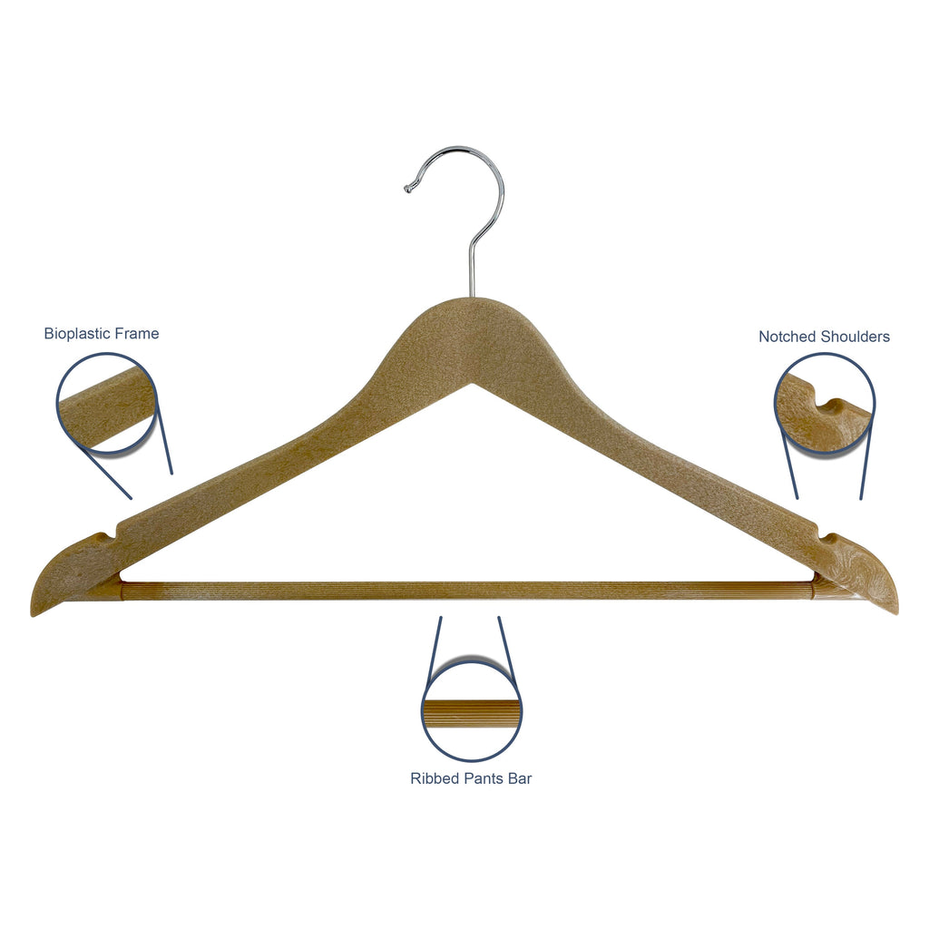 Bowed Suit Hangers with Pant Bar & Shoulder Notch, Natural Wood-Look Finish