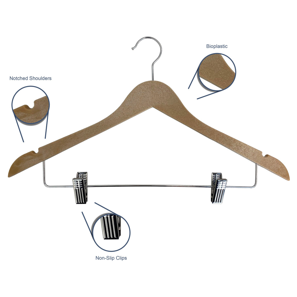Wood-Look Standard Shaped Hangers with Clips, Swivel Hook & Pant Bar, Pack of 10/20