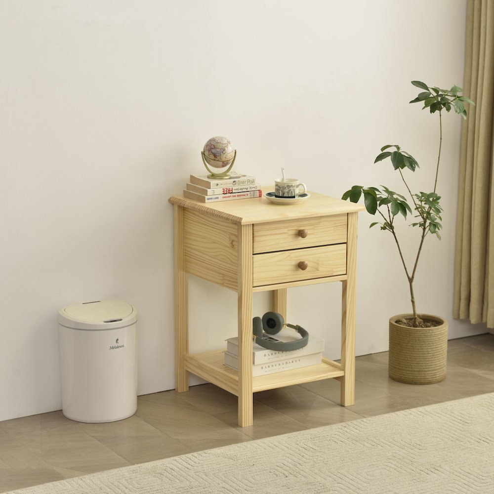 Solid Pine Wood Nightstand 2 Drawers