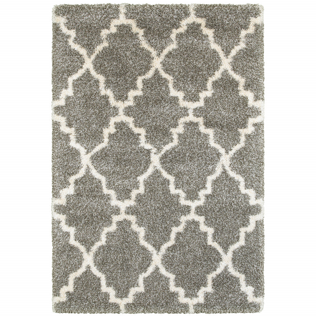 HomeRoots 507897 8 x 11 ft. Gray & Ivory Geometric Shag Power Loom Stain Resistant Rectangle Area Rug
