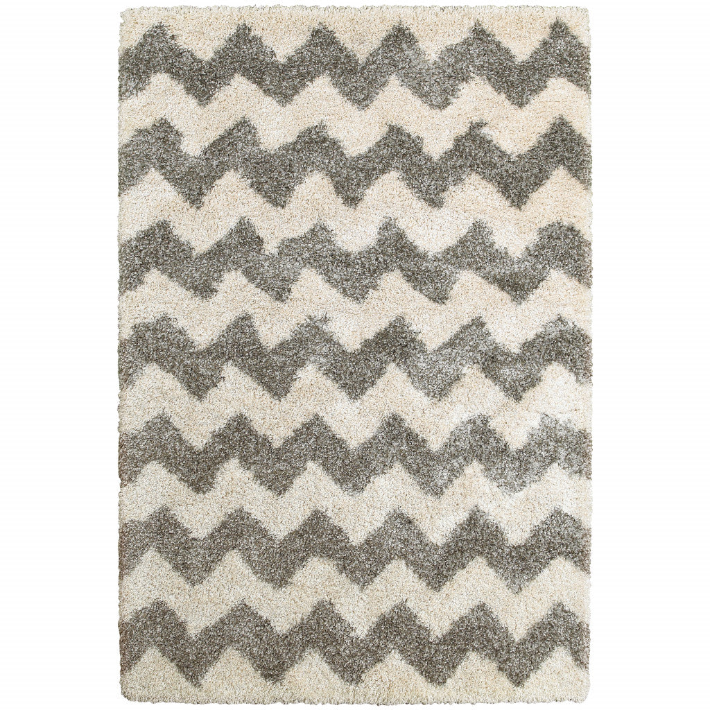 HomeRoots 507919 10 x 13 ft. Gray & Ivory Geometric Shag Power Loom Stain Resistant Rectangle Area Rug