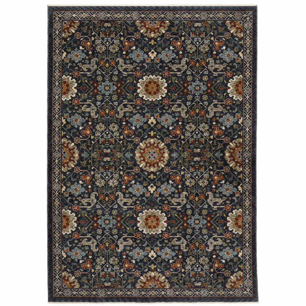HomeRoots 507972 6 x 9 ft. Blue Red Ivory & Gold Oriental Power Loom Stain Resistant Rectangle Area Rug with Fringe
