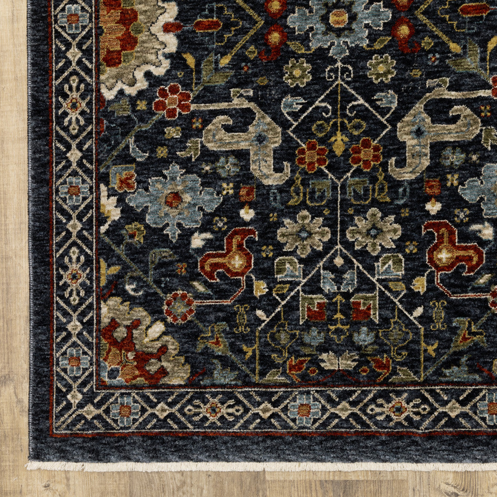 HomeRoots 507974 10 x 13 ft. Blue Red Ivory & Gold Oriental Power Loom Stain Resistant Rectangle Area Rug with Fringe