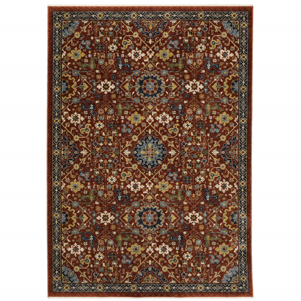 HomeRoots 507980 8 x 11 ft. Red Blue Gold & Ivory Oriental Power Loom Stain Resistant Rectangle Area Rug with Fringe