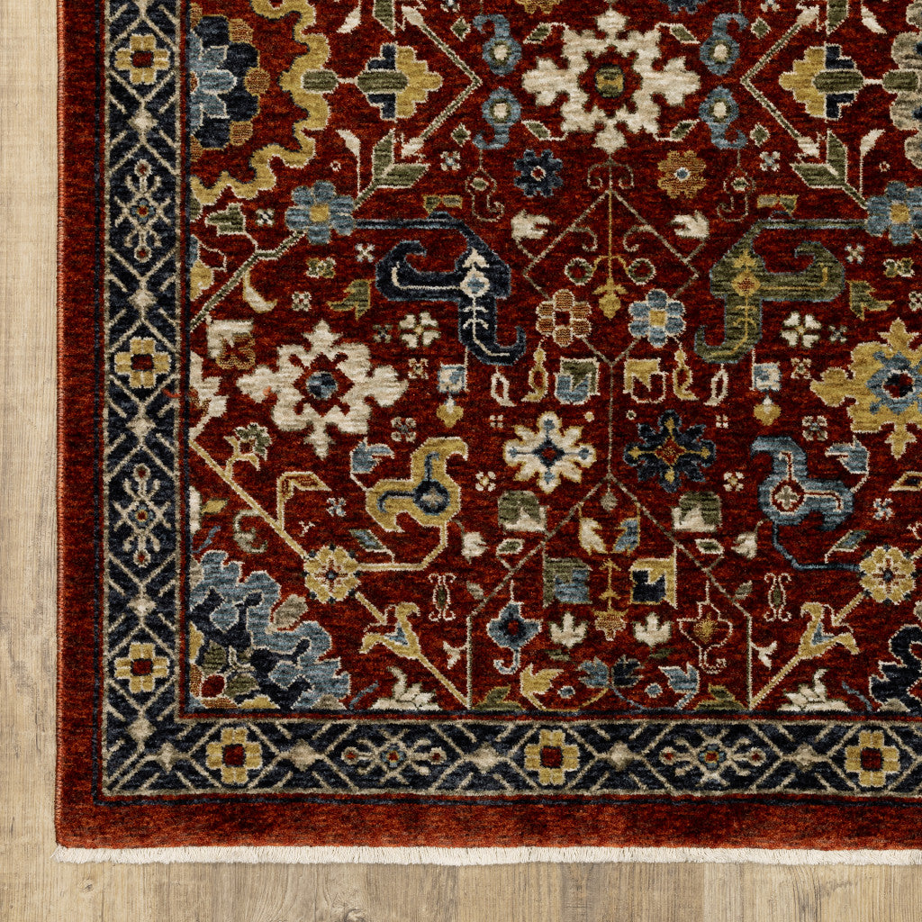 HomeRoots 507981 10 x 13 ft. Red Blue Gold & Ivory Oriental Power Loom Stain Resistant Rectangle Area Rug with Fringe