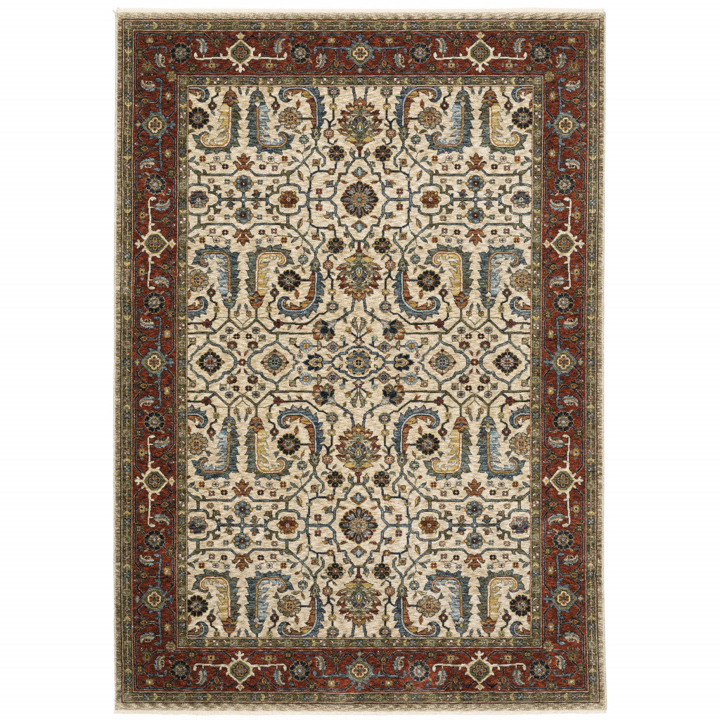HomeRoots 507986 6 x 9 ft. Ivory Red Green Gray Blue & Navy Oriental Power Loom Stain Resistant Rectangle Area Rug with Fringe