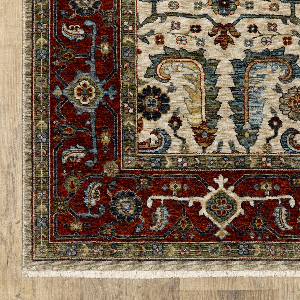 HomeRoots 507986 6 x 9 ft. Ivory Red Green Gray Blue & Navy Oriental Power Loom Stain Resistant Rectangle Area Rug with Fringe