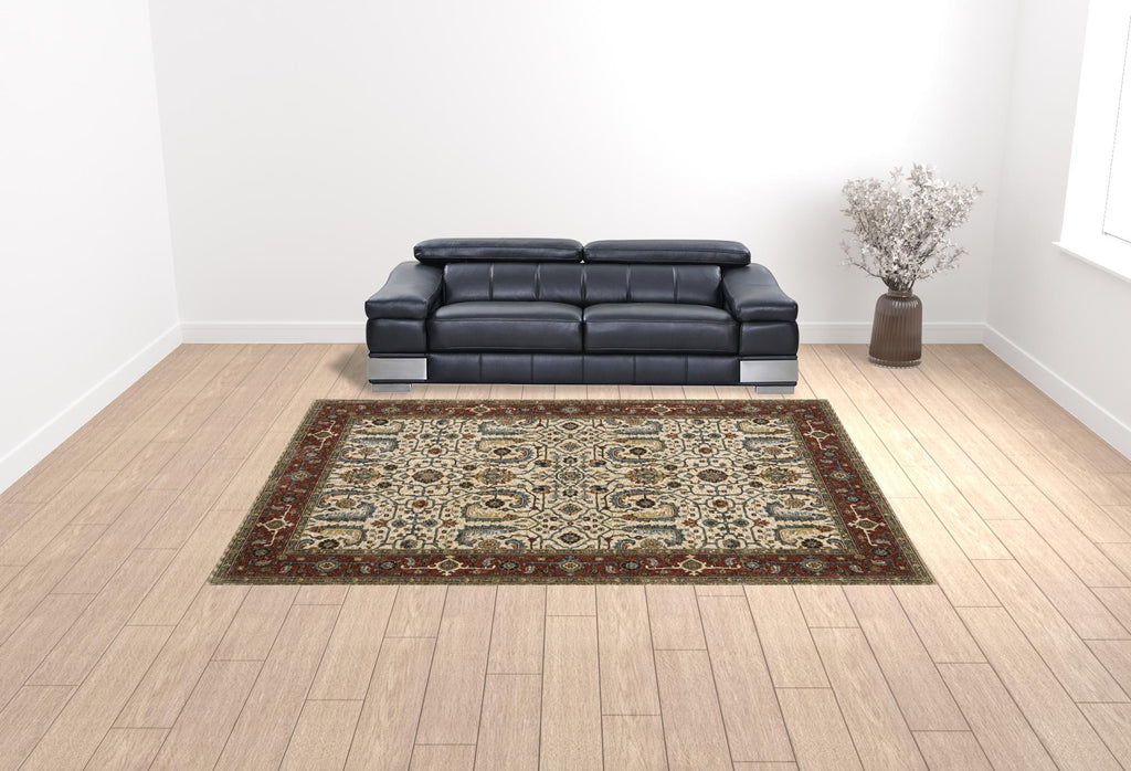 HomeRoots 507988 10 x 13 ft. Ivory Red Green Gray Blue & Navy Oriental Power Loom Stain Resistant Rectangle Area Rug with Fringe