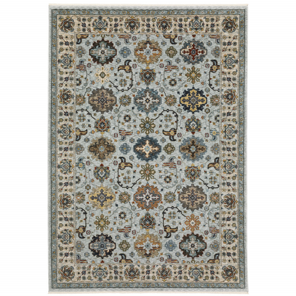 HomeRoots 508015 8 x 11 ft. Blue Beige Gray Green Yellow & Rust Oriental Power Loom Stain Resistant Rectangle Area Rug with Fringe