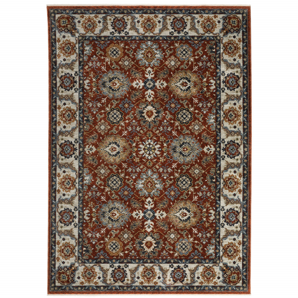 HomeRoots 508021 6 x 9 ft. Red Blue Ivory Gold & Navy Oriental Power Loom Stain Resistant Rectangle Area Rug with Fringe