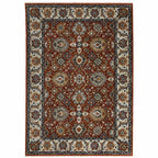 HomeRoots 508022 8 x 11 ft. Red Blue Ivory Gold & Navy Oriental Power Loom Stain Resistant Rectangle Area Rug with Fringe