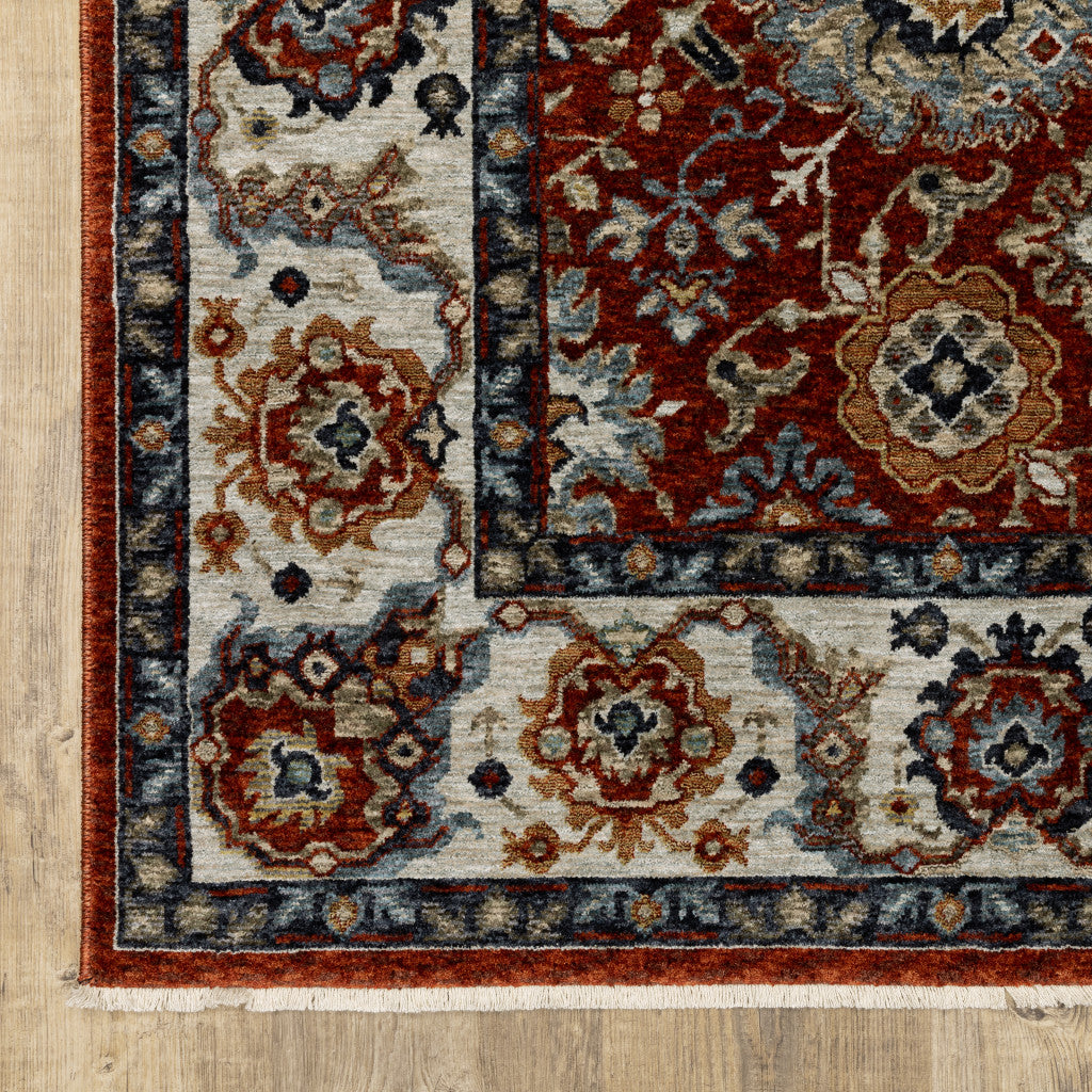 HomeRoots 508023 10 x 13 ft. Red Blue Ivory Gold & Navy Oriental Power Loom Stain Resistant Rectangle Area Rug with Fringe