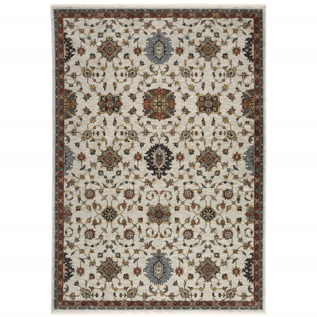 HomeRoots 508029 8 x 11 ft. Beige Rust Red Blue Gold & Gray Oriental Power Loom Stain Resistant Rectangle Area Rug with Fringe