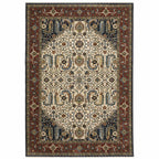 HomeRoots 508035 6 x 9 ft. Ivory Beige Red Blue Gold Green & Navy Oriental Power Loom Stain Resistant Rectangle Area Rug with Fringe