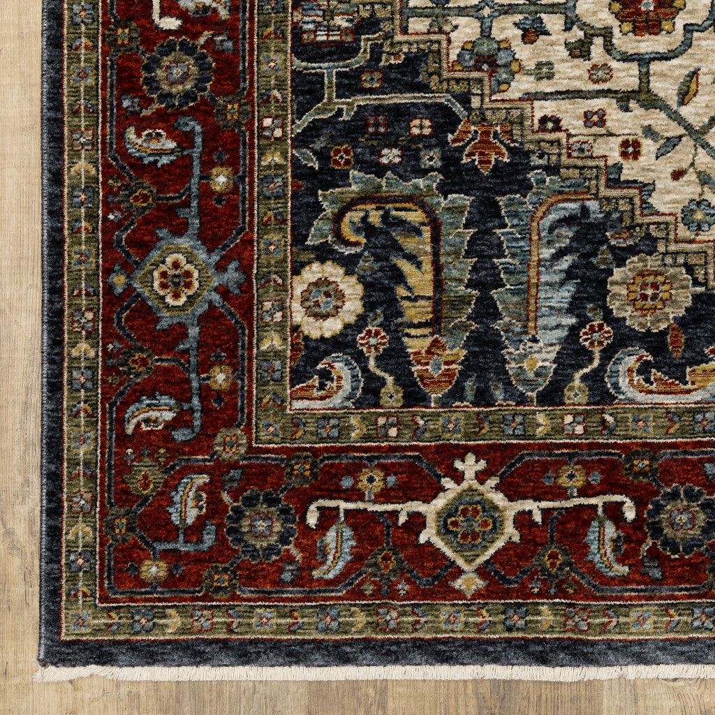 HomeRoots 508035 6 x 9 ft. Ivory Beige Red Blue Gold Green & Navy Oriental Power Loom Stain Resistant Rectangle Area Rug with Fringe