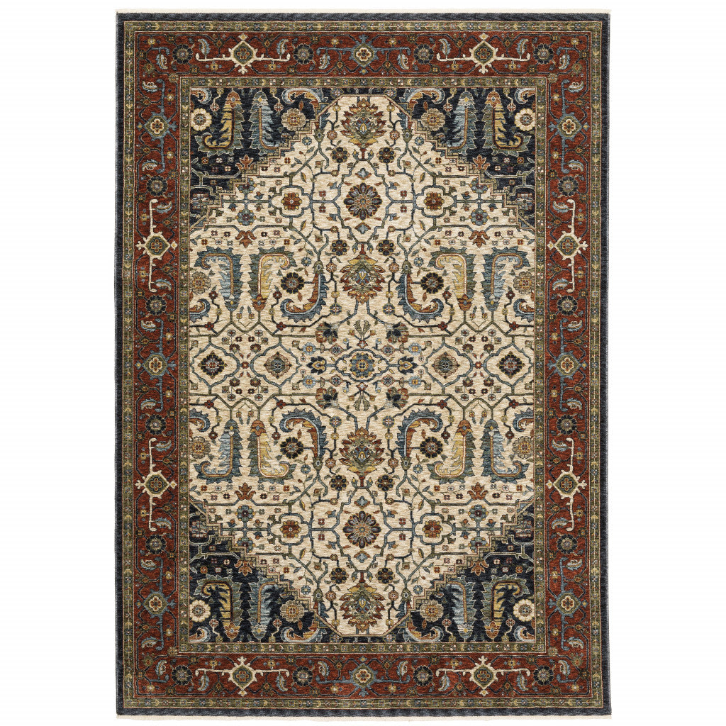 HomeRoots 508036 8 x 11 ft. Ivory Beige Red Blue Gold Green & Navy Oriental Power Loom Stain Resistant Rectangle Area Rug with Fringe