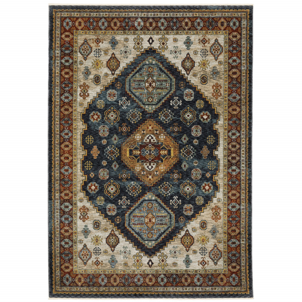 HomeRoots 508043 8 x 11 ft. Blue Red Beige Orange Gold & Tan Oriental Power Loom Stain Resistant Rectangle Area Rug with Fringe