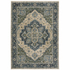 HomeRoots 508050 8 x 11 ft. Blue Gray Beige Tan Green & Gold Oriental Power Loom Stain Resistant Rectangle Area Rug with Fringe