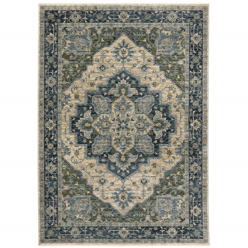 HomeRoots 508050 8 x 11 ft. Blue Gray Beige Tan Green & Gold Oriental Power Loom Stain Resistant Rectangle Area Rug with Fringe