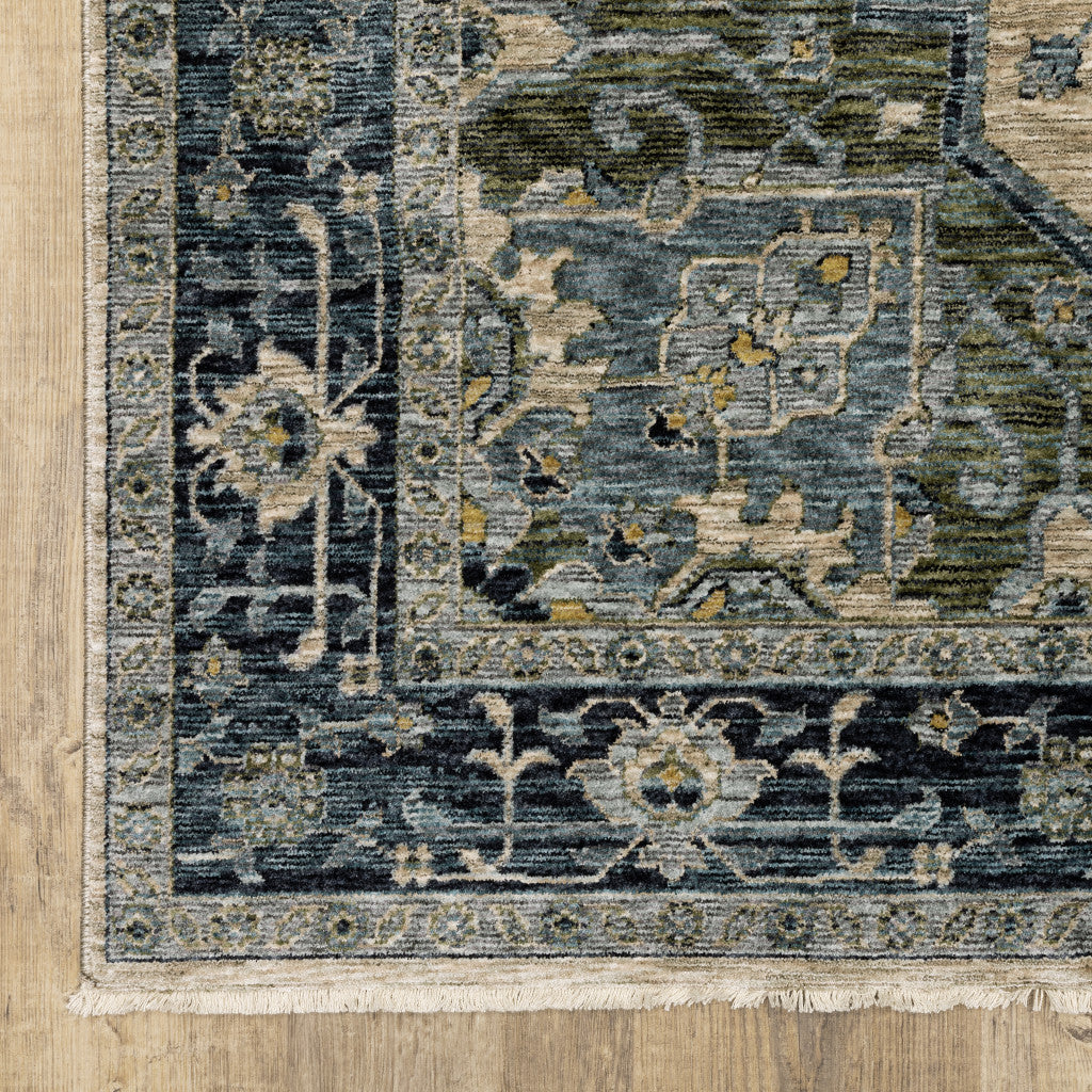 HomeRoots 508050 8 x 11 ft. Blue Gray Beige Tan Green & Gold Oriental Power Loom Stain Resistant Rectangle Area Rug with Fringe